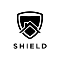 Black shield with house silhouette and the word shield below isolated on white background, vector illustration isolated on transparent background
