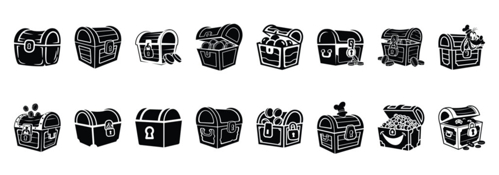 Set of vector goofy treasure chest  icon in silhouettes