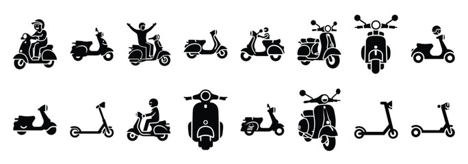 Set of vector happy scooter  icon in silhouettes