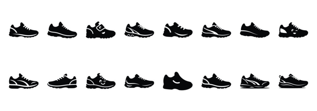 Set of vector happy running shoe  icon in silhouettes