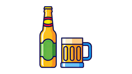 Beer Bottle and Mug Illustration on White Background