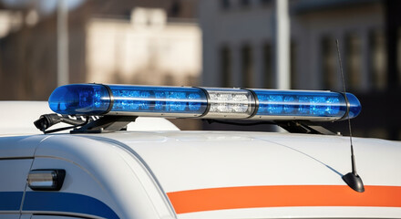 Blue emergency light bar on a white vehicle roof. Police or ambulance siren flasher. Warning signal on urban city street
