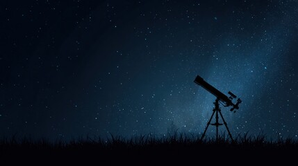 Silhouette of a telescope pointing toward the starry night sky, above dark grass