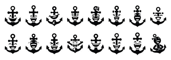 Set of vector laughing anchor  icon in silhouettes