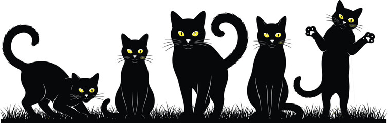 Black cat silhouette, yellow eyes, Halloween theme, feline pose, grass background, spooky vector, pet art, playful posture, stylized animal, illustration