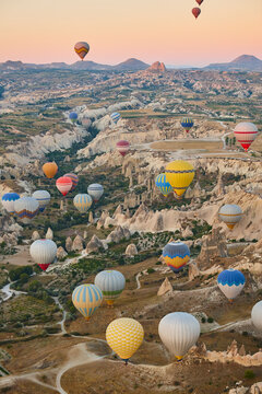 Balloons in rose valley, Cappadocia. Flights in Goreme. Turkey