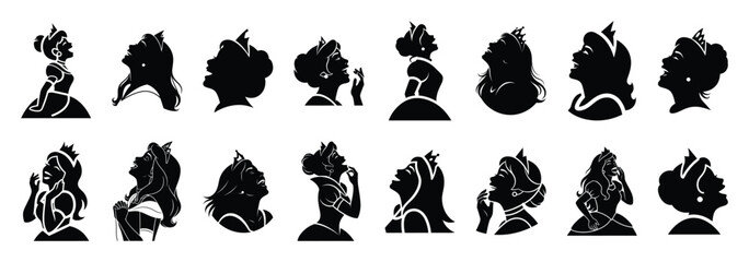 Set of vector laughing princess  icon in silhouettes