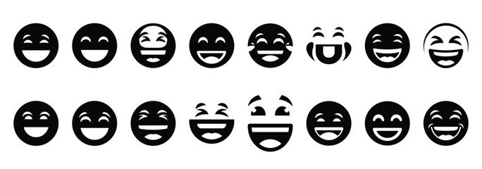 Set of vector laughing smile face  icon in silhouettes