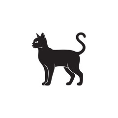 Black cat silhouette vector. Standing feline side view with curved tail. Halloween animal icon isolated on white background.