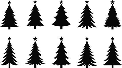 Christmas Tree Silhouette Icon Set, Ten Different Styles with Star Topper, Black Vector Graphics, Holiday Decoration Collection