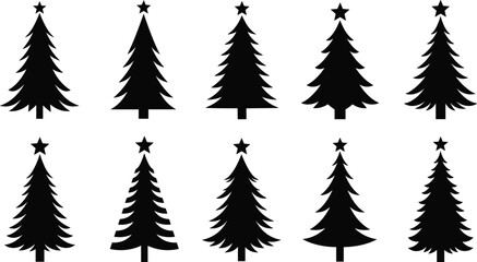 Christmas Tree Silhouettes Set with Star Topper, Different Styles, Black Icons Isolated on White, Holiday Vector Collection