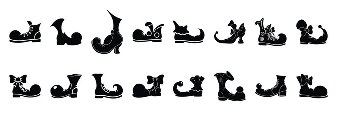 Set of vector silly clown shoe  icon in silhouettes