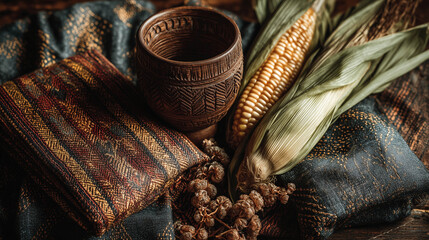 Traditional Kwanzaa holiday symbols with wooden unity cup and dried corn cob on dark woven fabric textile for cultural heritage celebration