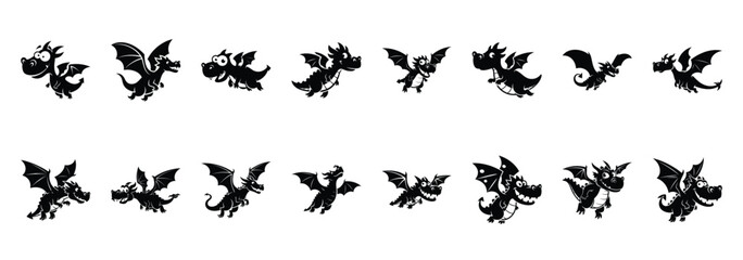 Set of vector silly dragon flying  icon in silhouettes