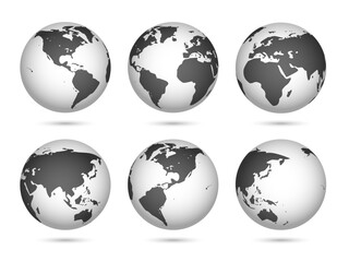 3D Earth Globe Set with World Maps – Hemisphere and Continental Views of the Planet with Soft Shadows, Global Geography Spheres for Atlas, Education, and Infographics – Vector Illustration