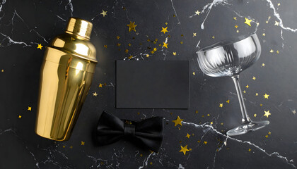 Golden cocktail shaker, elegant glass, and black bow tie, a premium flat lay on luxurious black marble with golden stars. Ideal for sophisticated celebrations
