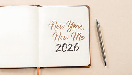 New Year Resolution Concept: A close-up shot of an open notebook with the aspirational phrase New Year, New Me 2026, accompanied by a pen, symbolizing goals, resolutions.