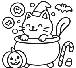Halloween Cat in Cauldron Coloring Page