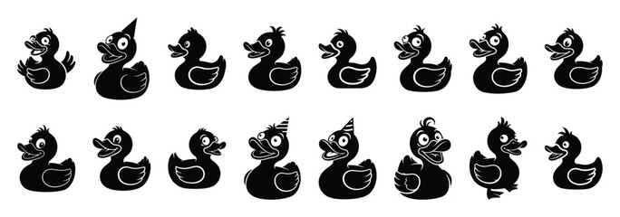 Set of vector silly rubber duck  icon in silhouettes