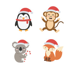 Cute Christmas animal characters set. Adorable penguin, monkey, koala, and fox wearing Santa hats. Funny Xmas winter holiday vector collection for kids.
