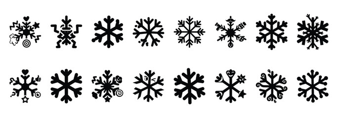 Set of vector silly snowflake  icon in silhouettes
