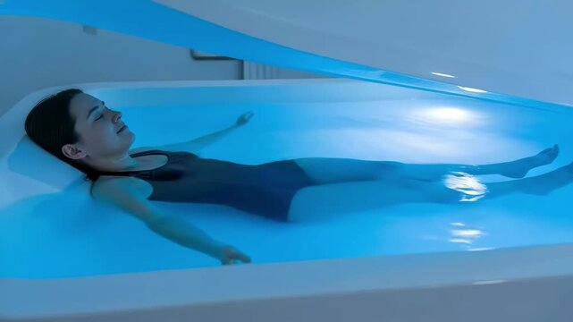 Woman floating weightlessly in a float tank, eyes closed, enjoying therapy for relaxation and stress relief in a spa or wellness center.