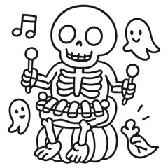 Cute Musical Skeleton Playing Bone Xylophone on a Pumpkin with Ghosts