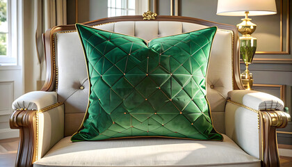 mockup of pillow on the chair, modern cozy home interior, green velvet and golden decor