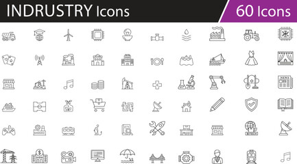 Minimalist black line vector icons set representing diverse industries, activities, and technologies, ideal for business presentations, educational content, sector infographics, and professional