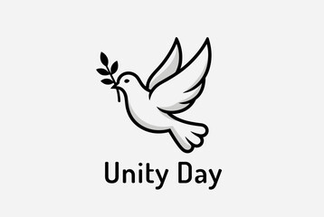 A minimalist graphic illustration featuring a white dove holding an olive branch, symbolizing peace and unity, with 'Unity Day' text.