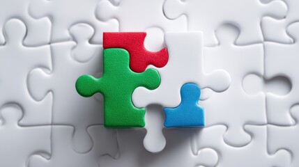 Fototapeta premium Puzzle completion with red, green, blue, and white interlocking pieces in center