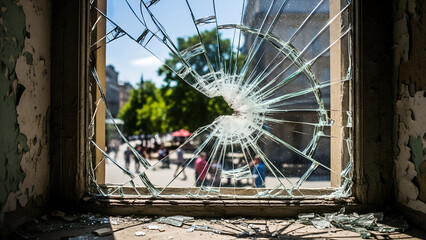 Broken window view of a busy street with people and trees