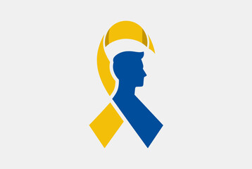 A blue and yellow awareness ribbon with a silhouette of a person's head and torso, symbolizing Down Syndrome awareness.