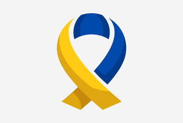 A blue and yellow awareness ribbon, symbolizing support for Down Syndrome, against a plain background.