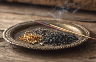 Incense grains and sticks on brass tray