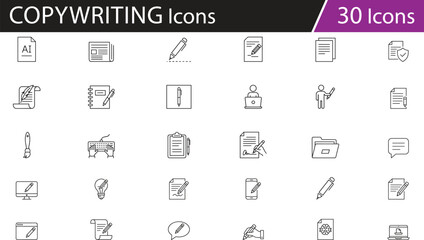 Writing and documentation icons set, creative tools, digital communication, paperwork, signing, typing, idea generation, secure documents, productivity, education, artificial intelligence, stylus
