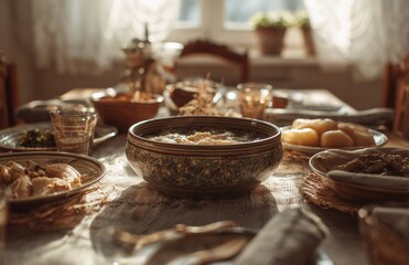 Traditional Christmas Eve dinner table at home