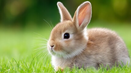 Fototapeta premium A fluffy little bunny sits in the vibrant green grass, ears standing tall and curious. Its soft fur glows in the warm sunlight, bringing joy to anyone nearby