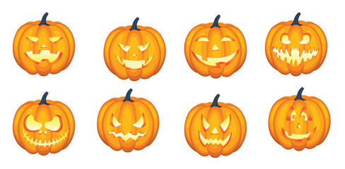 Jack-o-lantern pumpkins isolated different smiles faces set collection