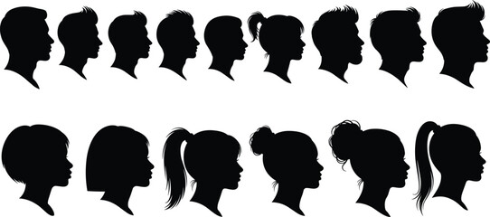 Black vector head silhouettes with diverse hairstyles, male and female profile icons for hair fashion, style diversity, stock illustration