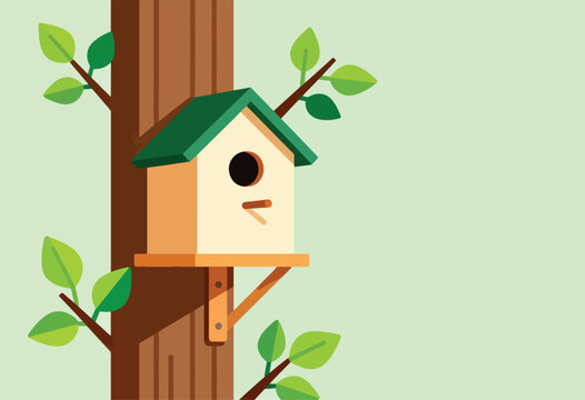 Flat illustration of a birdhouse on a tree with leaves
