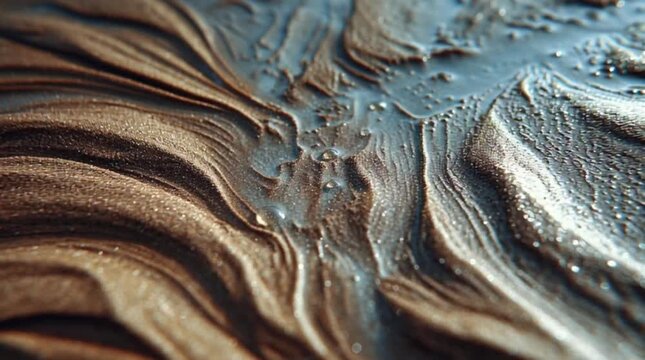 Close-up of metallic bronze texture with wavy patterns and water droplets on a gray background