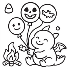 Cute Halloween Magic Mirror with Ghost and Cat Coloring Page