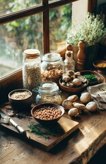 Pantry Jars And Mushrooms On Wooden Counter