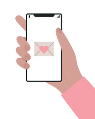 Hand holding mobile phone with love message. Valentines Day concept. Love letters. Vector design element isolated on white background.