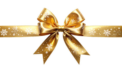 A festive golden ribbon with a decorative bow and snowflake patterns