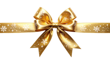 A festive golden ribbon with a decorative bow and snowflake patterns