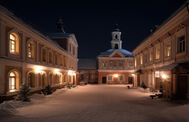 Illuminated monastery courtyard on snowy night