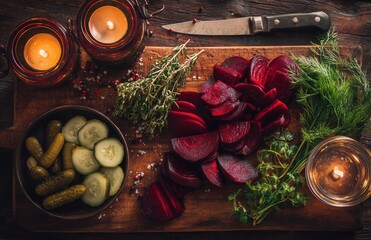 Rustic cutting board with sliced beets and pickles