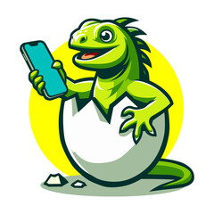 Friendly Green Dinosaur Hatching from Egg Holding a Smartphone